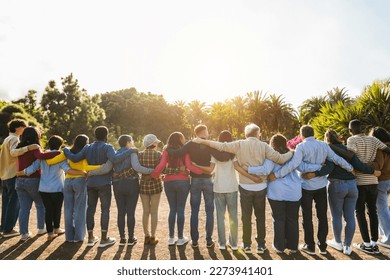 Group Of Multigenerational People Hugging Each Others   Support Multiracial And Diversity Concept   Main Focus On Senior Man With White Hairs