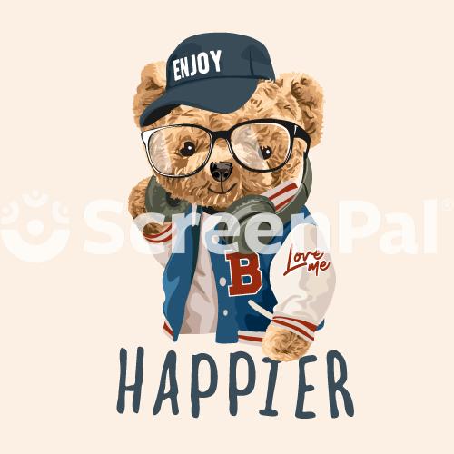 Happier Slogan With Bear Toy Fashion Style Illustration