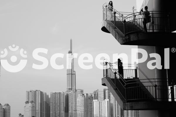 Modern City Skyline With Spiral Staircase