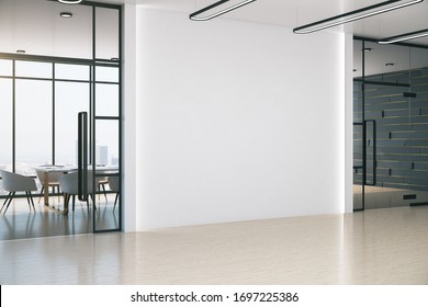 Modern Meeting Office With Blank White Wall Table And Chairs Workplace And Lifestyle Concept 3D Rendering